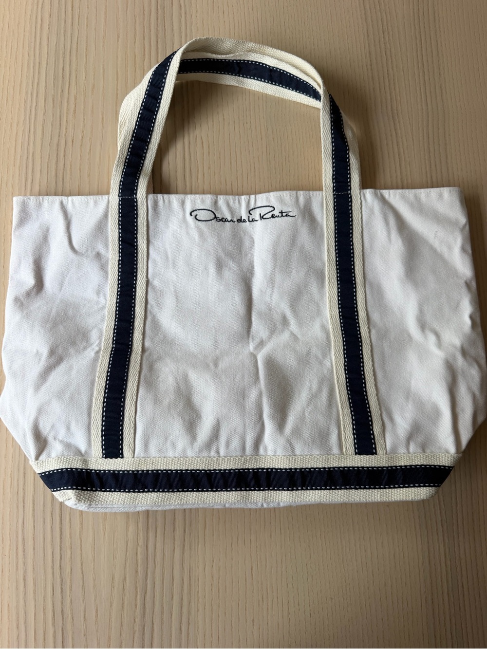 Oscar de la Renta Canvas Tote Bag Cream Navy Nautical Beach Boat Shopper